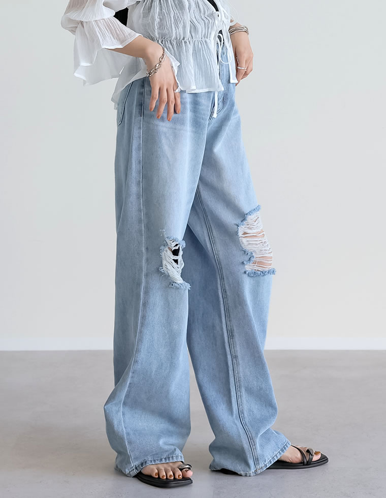 ダメージデニムワイドストレートパンツ