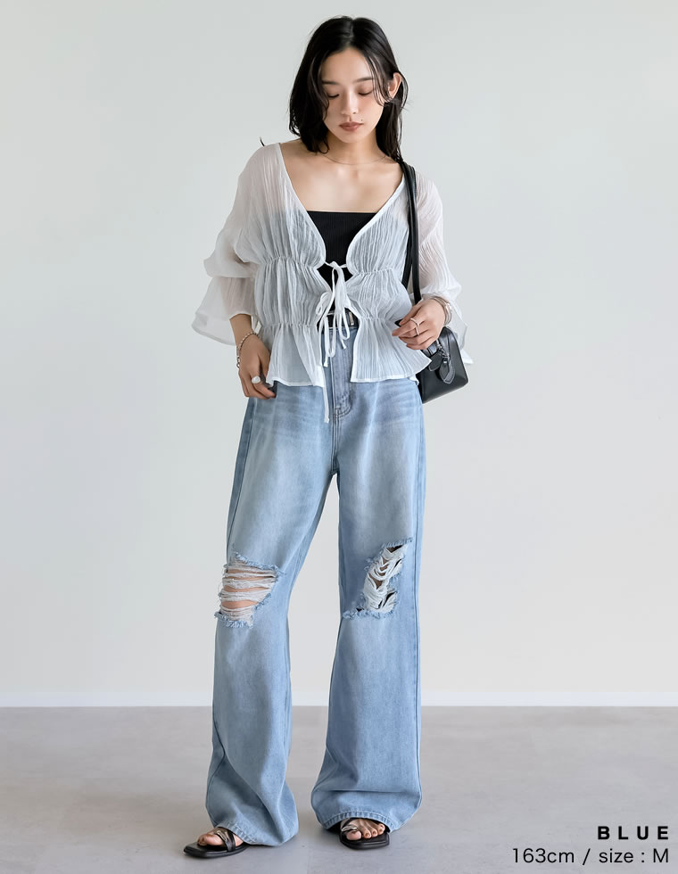 ダメージデニムワイドストレートパンツ