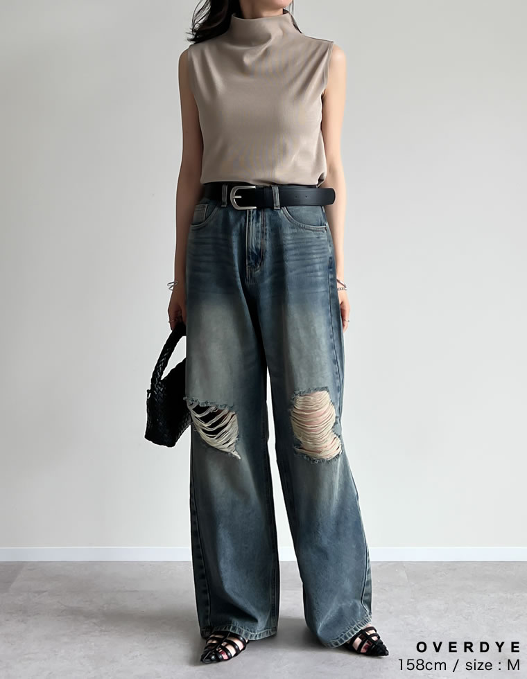 ダメージデニムワイドストレートパンツ