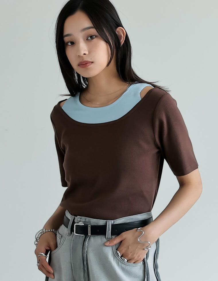 スムースカットソーレイヤード風Tシャツ