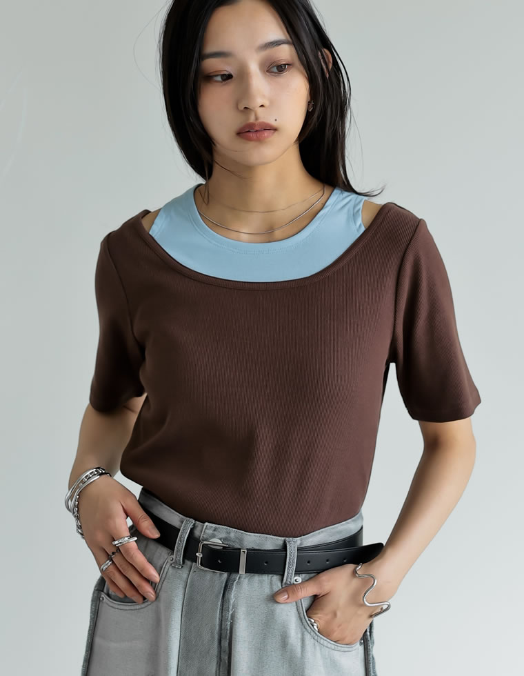 スムースカットソーレイヤード風Tシャツ