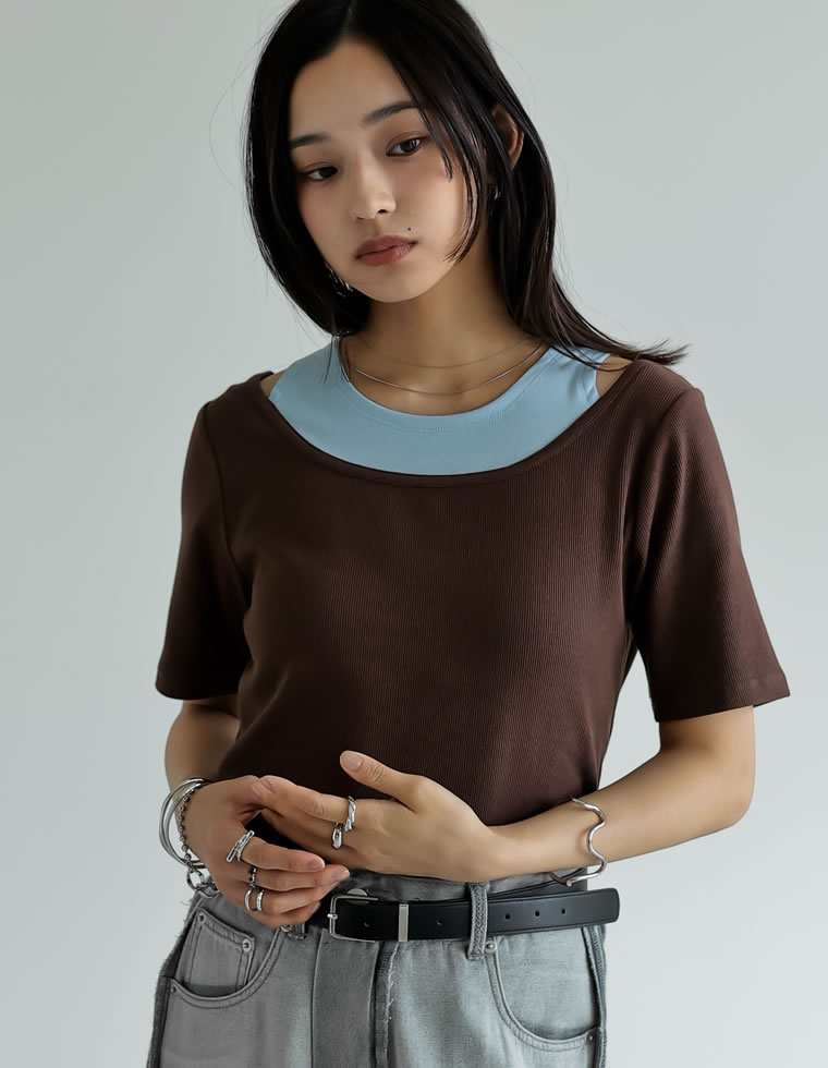 スムースカットソーレイヤード風Tシャツ