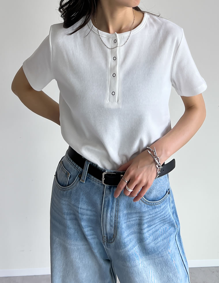 テレコリブドットボタンTシャツ