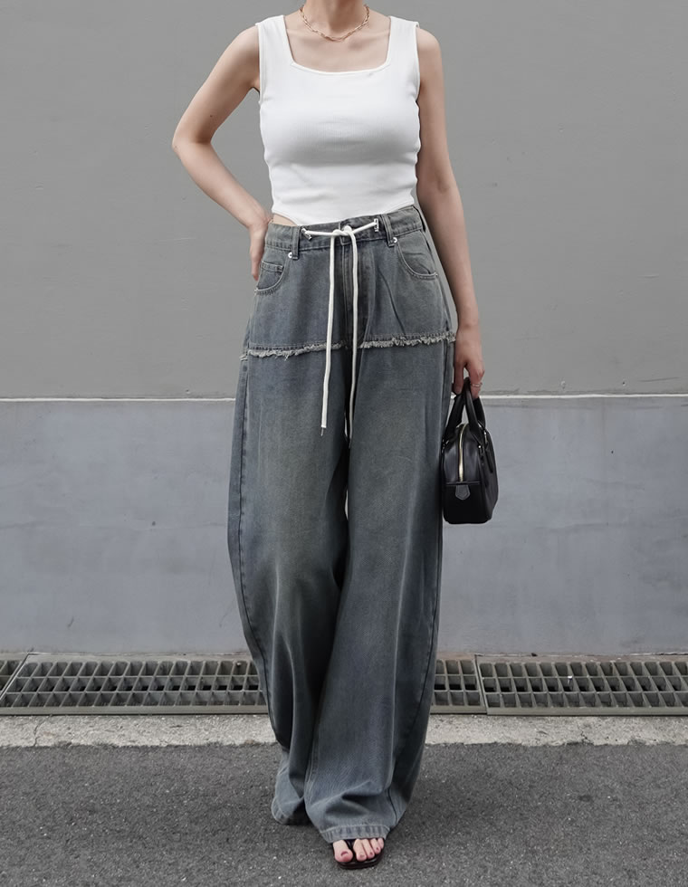 ロープベルト付きバレルレッグカーブパンツ