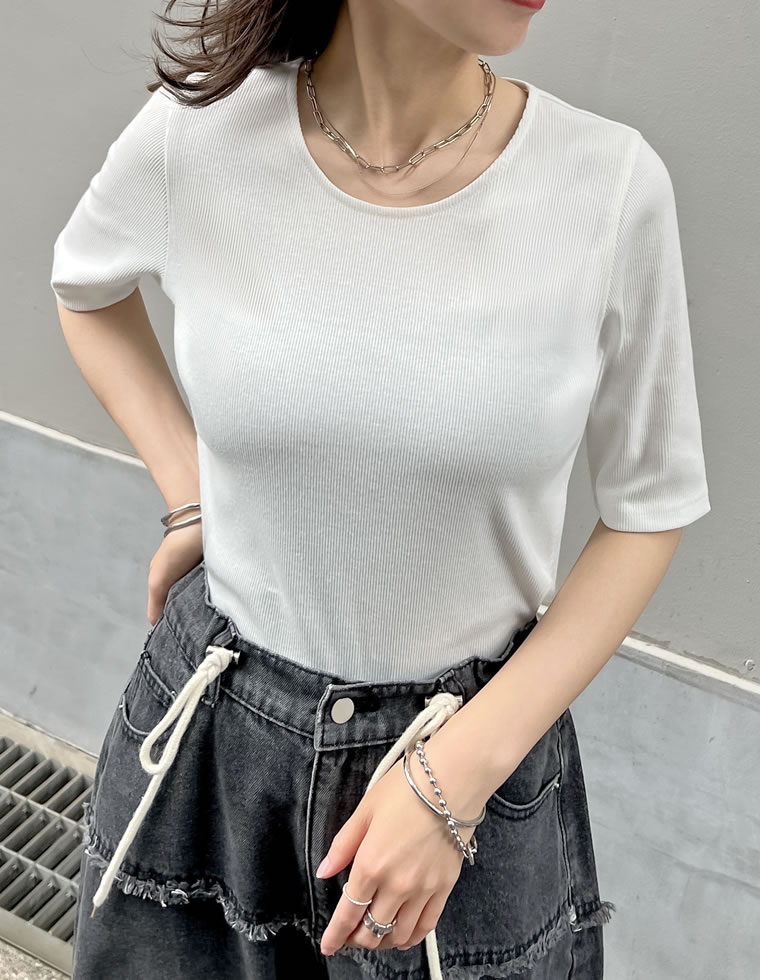 テレコリブ5分袖トップス