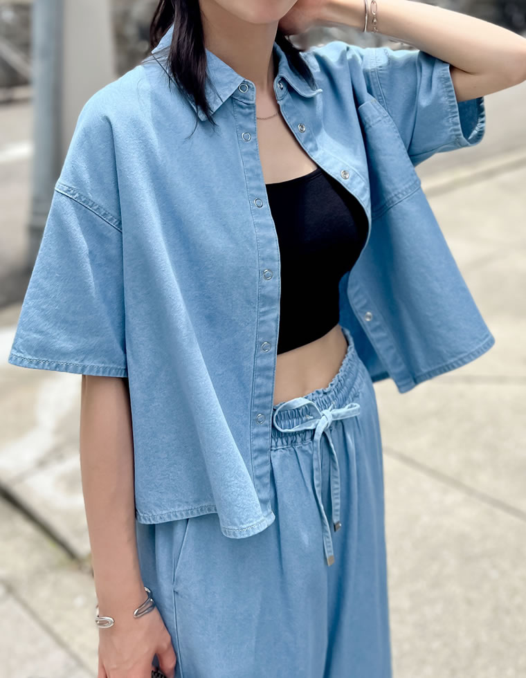 冷感デニムクロップド半袖シャツ
