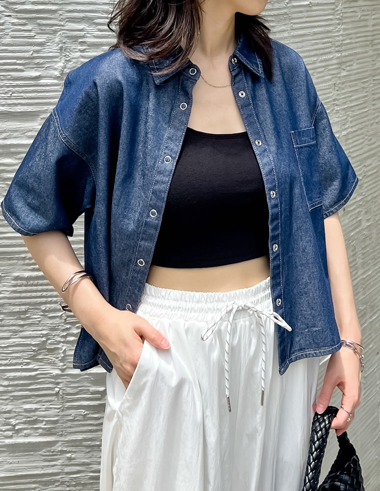冷感デニムクロップド半袖シャツ
