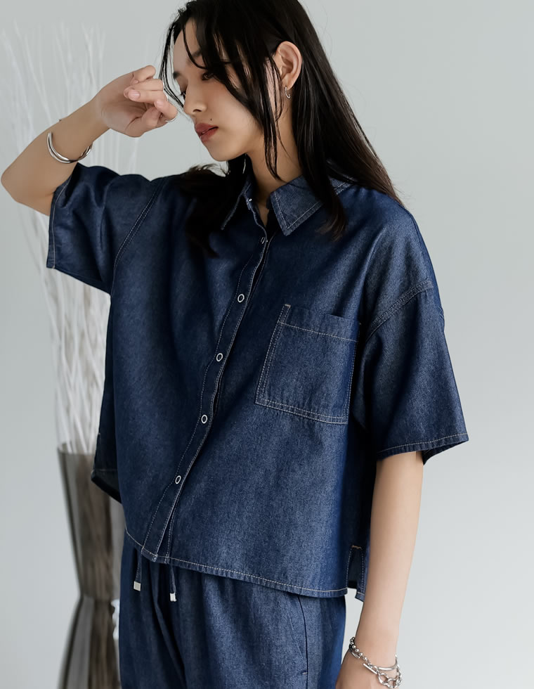 冷感デニムクロップド半袖シャツ