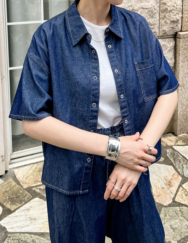 冷感デニムクロップド半袖シャツ