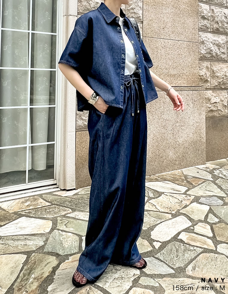 冷感デニムクロップド半袖シャツ
