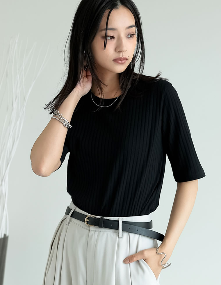 [汗じみ防止]ワイドリブ半袖Tシャツ
