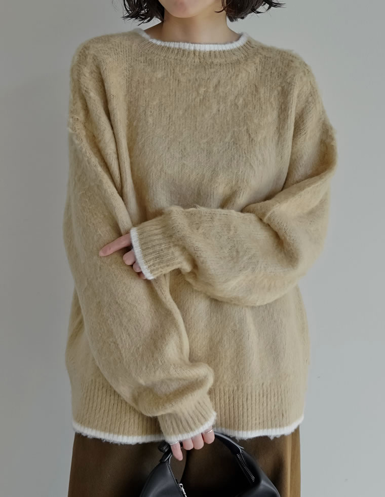 配色モヘアライクシャギーニットトップス