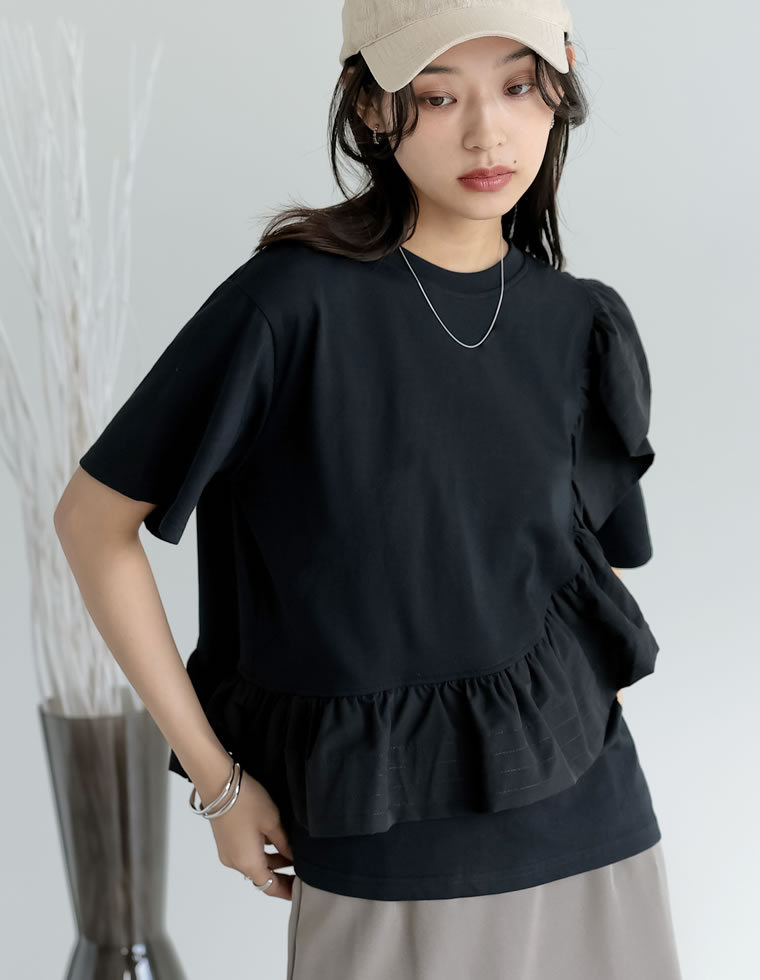 異素材フリルドッキングTシャツ