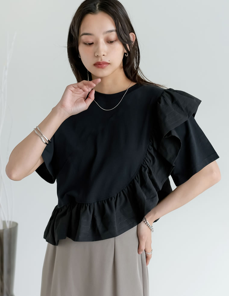 異素材フリルドッキングTシャツ