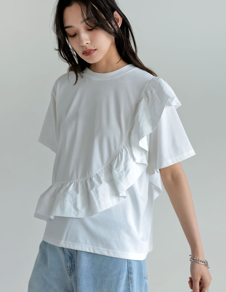 異素材フリルドッキングTシャツ