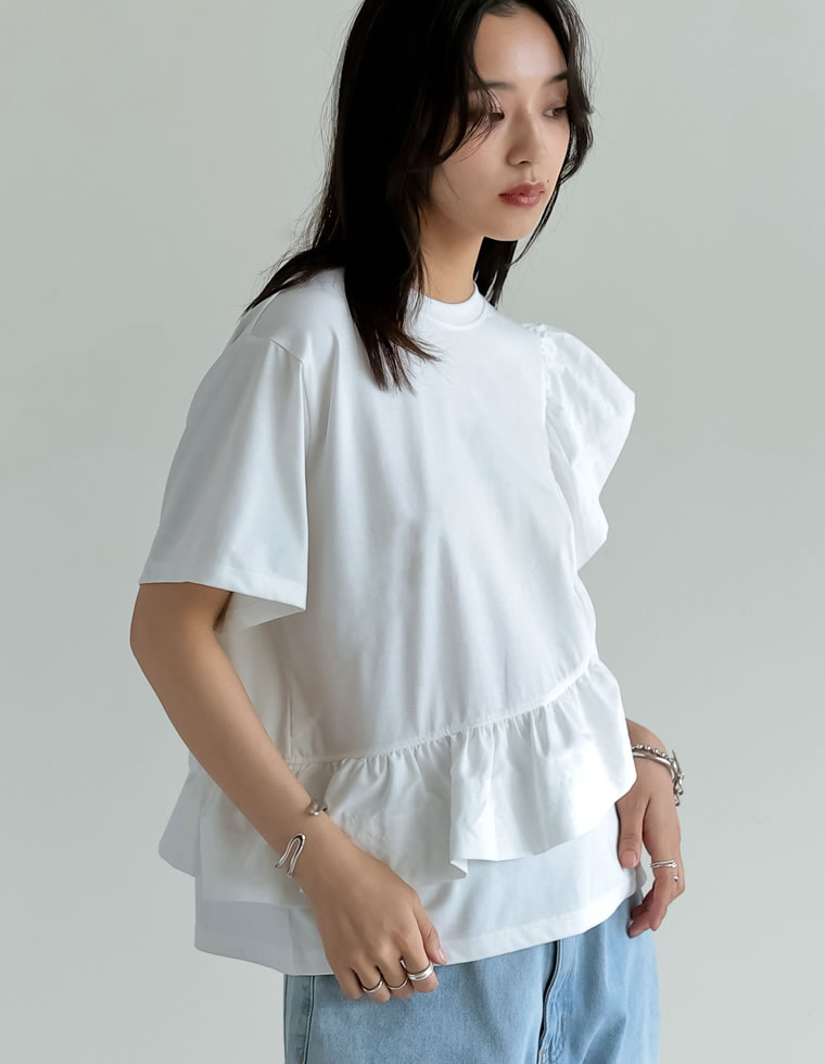 異素材フリルドッキングTシャツ