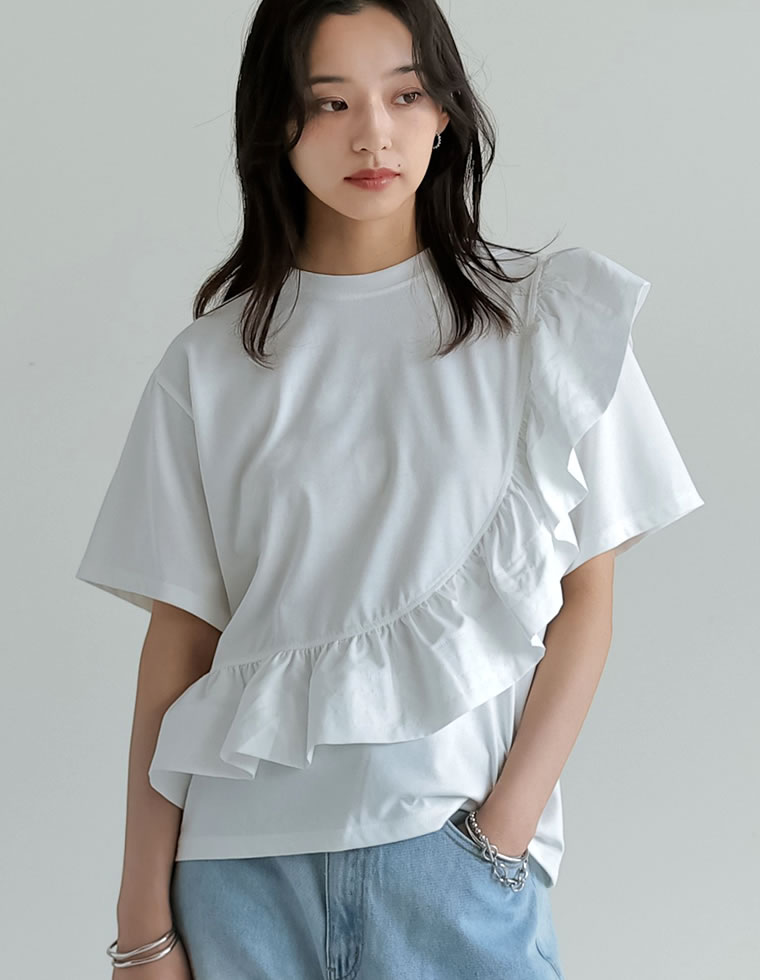 異素材フリルドッキングTシャツ