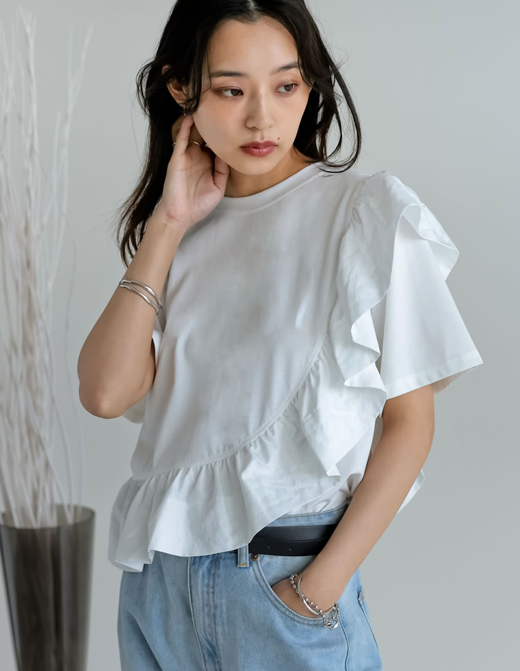 異素材フリルドッキングTシャツ