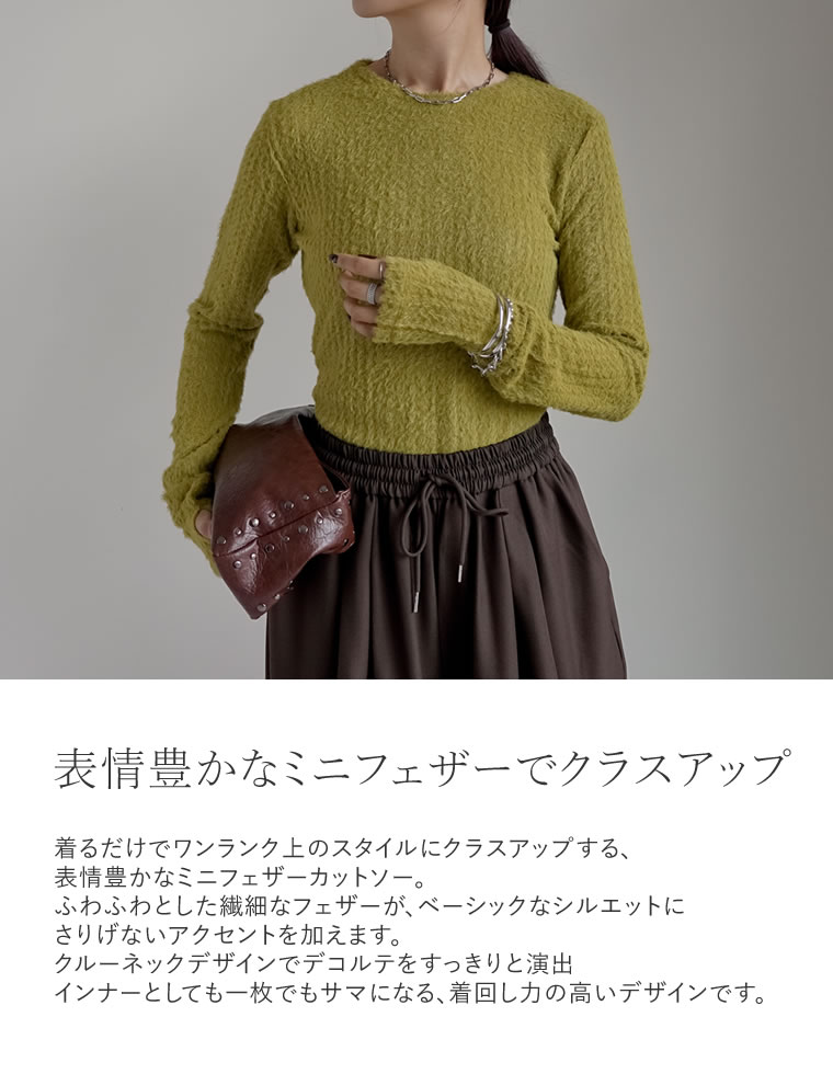 ミニフェザークルーネックトップス