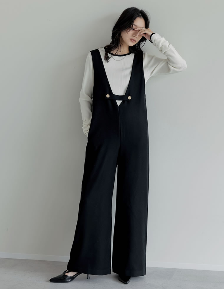 微起毛ツイルゴールドボタン付きサロペット