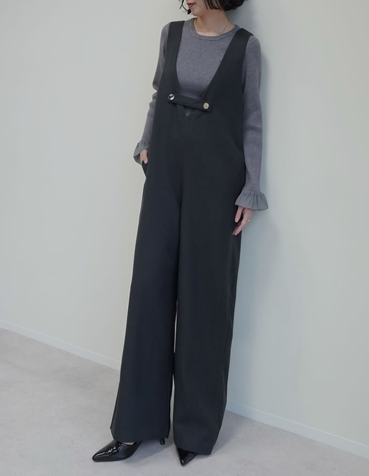 微起毛ツイルゴールドボタン付きサロペット