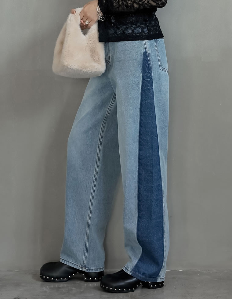 コットンデニムサイド切り替えカーブパンツ