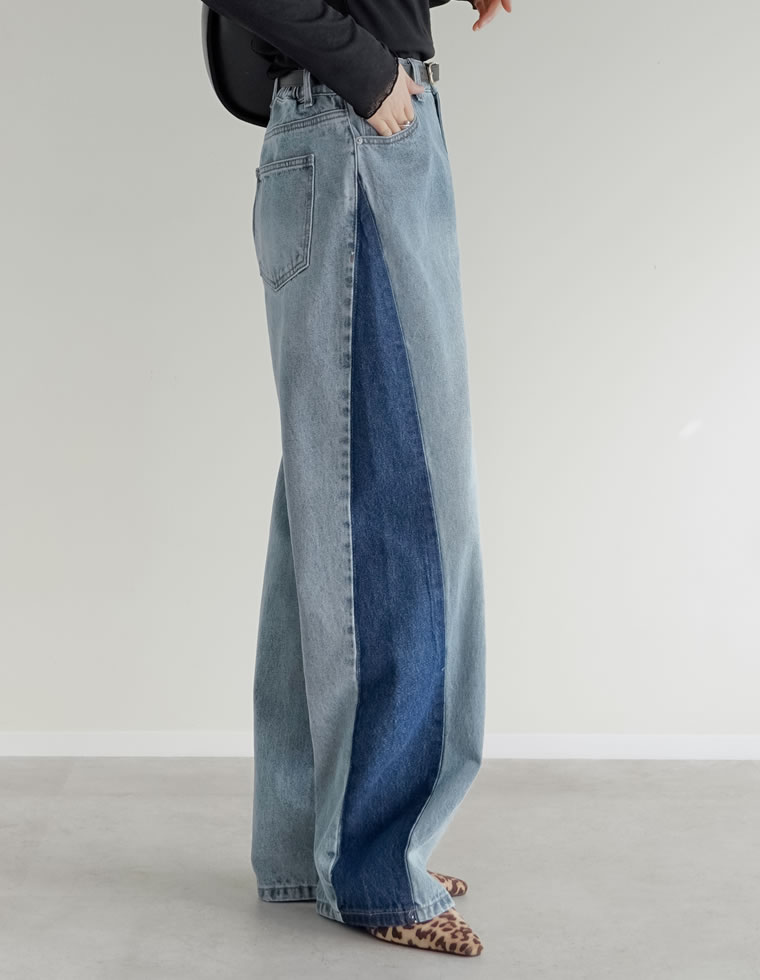 コットンデニムサイド切り替えカーブパンツ