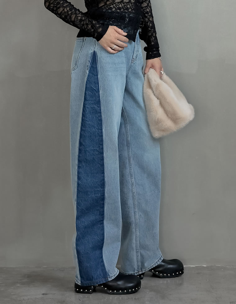 コットンデニムサイド切り替えカーブパンツ