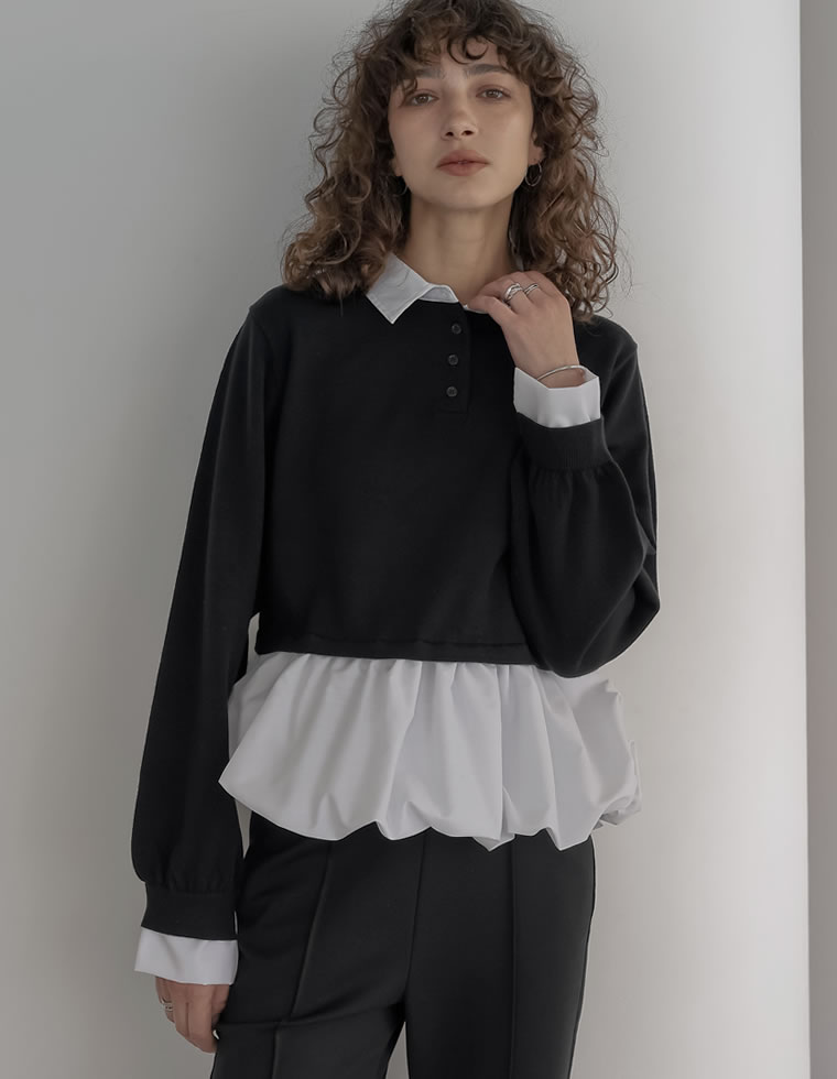 ニット×シャツレイヤード風トップス