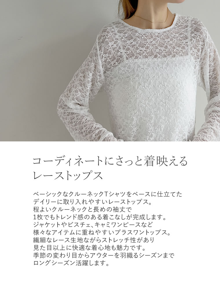 カットレースクルーネック長袖トップス