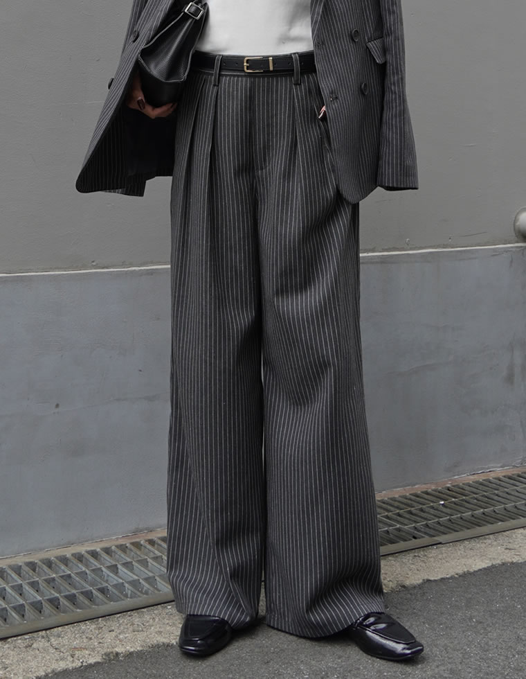 ツイードorストライプタックワイドパンツ