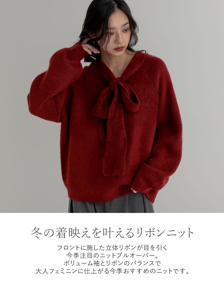 片畔ニットネックリボントップス