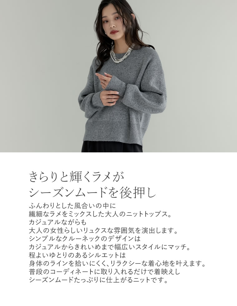 クルーネックラメニットトップス