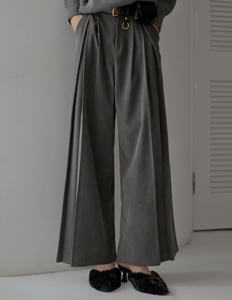 微起毛ツイルタックプリーツワイドパンツ