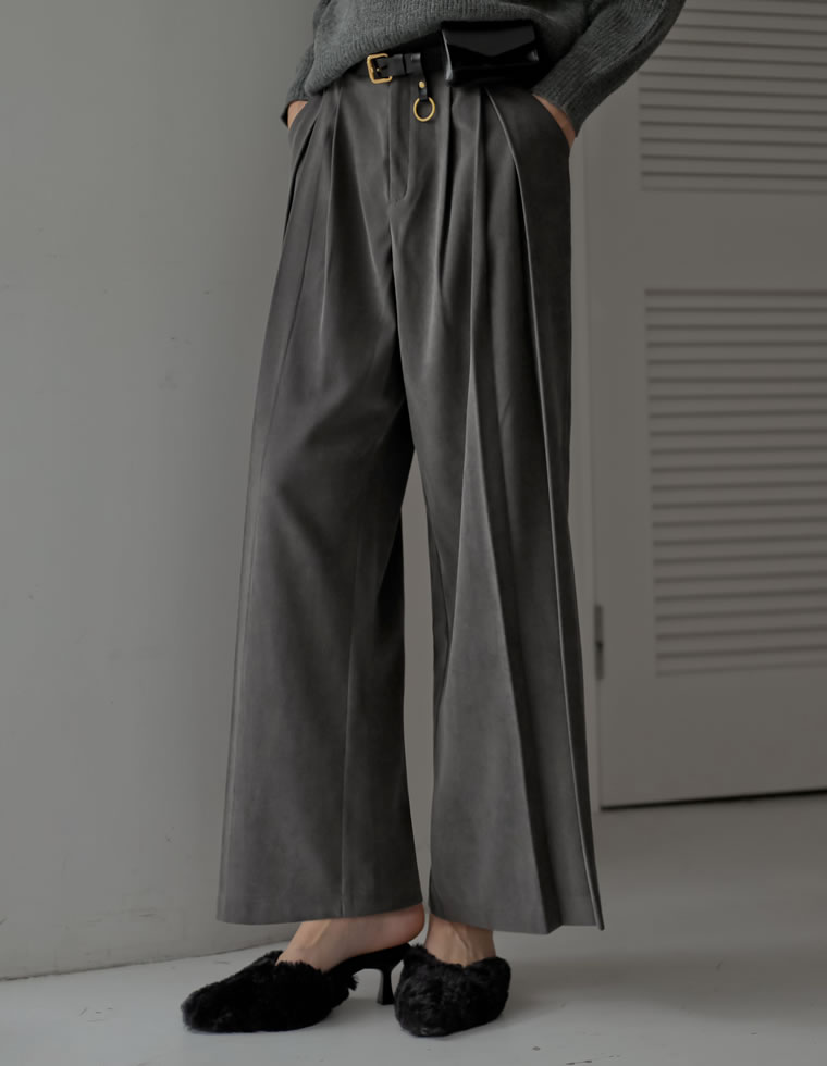 微起毛ツイルタックプリーツワイドパンツ