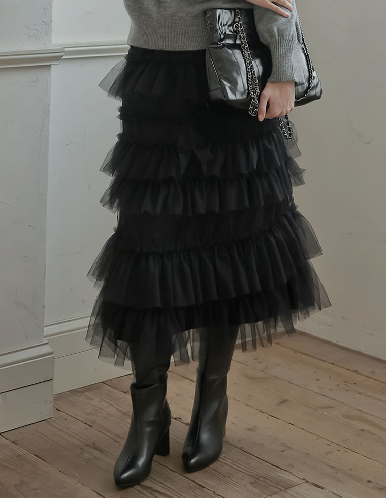 チュールティアードロングスカート