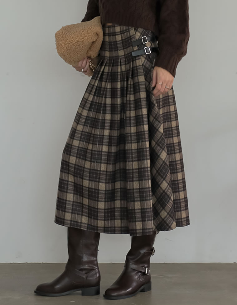 サイドベルトチェック柄プリーツスカート