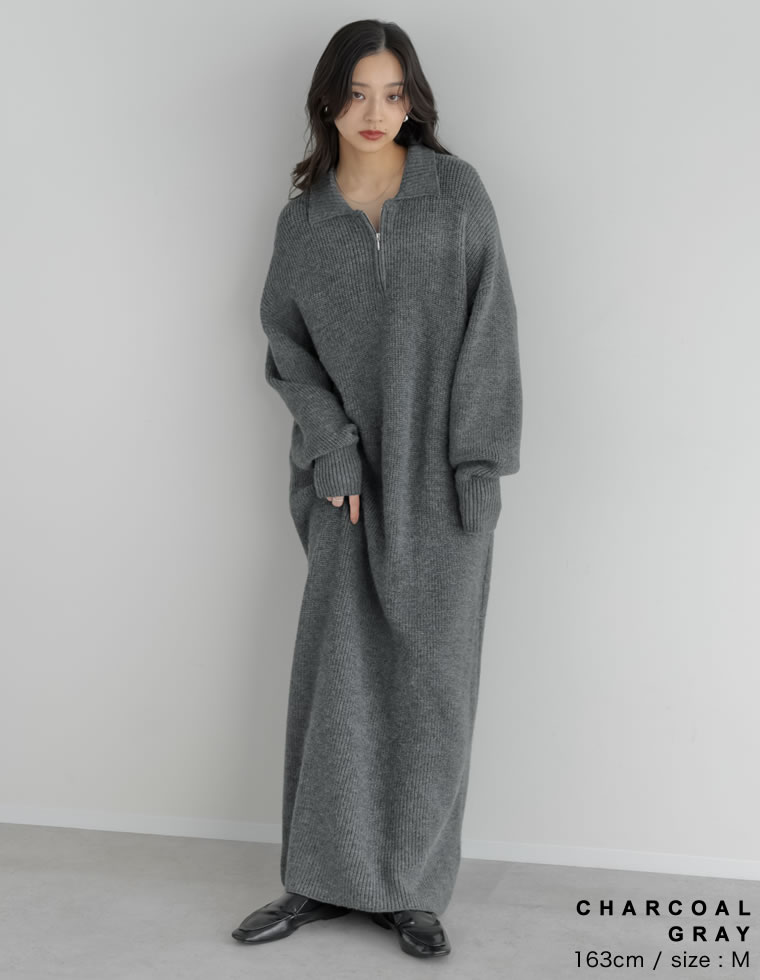 片畔編み襟付きハーフジップニットワンピ