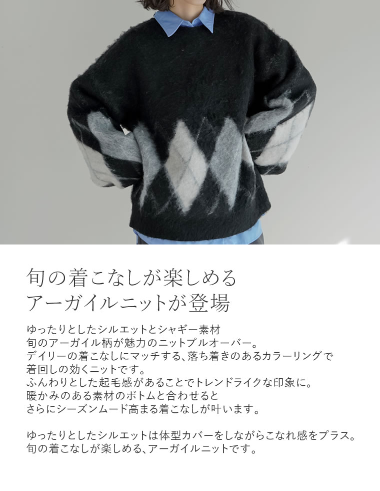 アーガイル柄シャギーニットプルオーバー