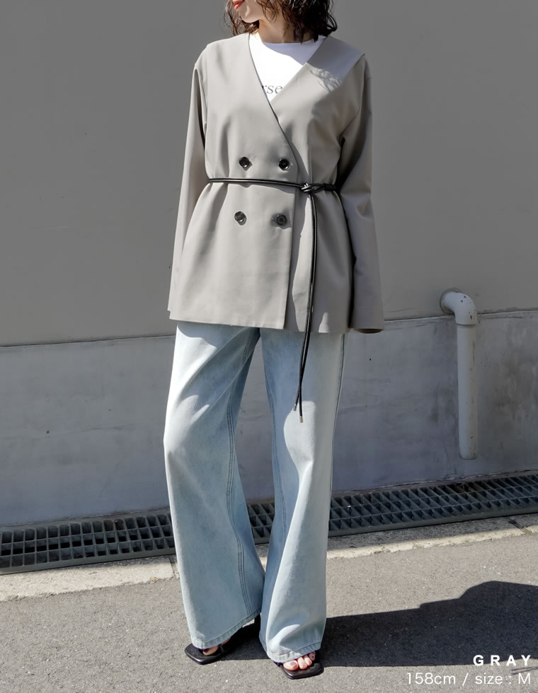 レザーベルト付ツイルノーカラージャケット