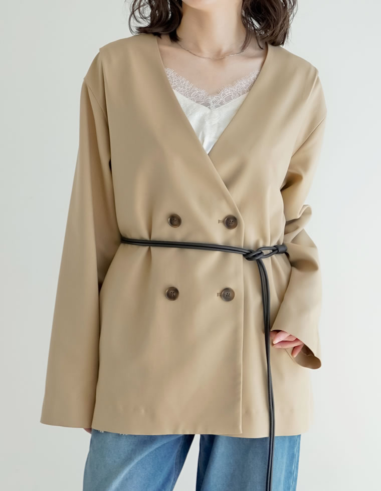 レザーベルト付ツイルノーカラージャケット