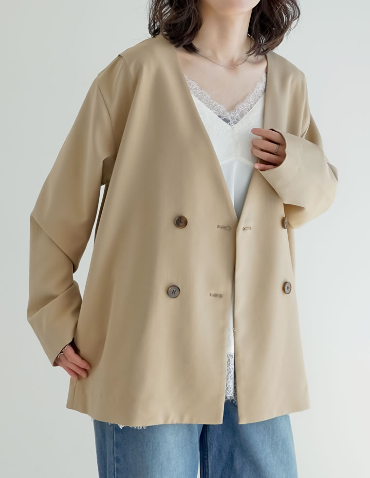 レザーベルト付ツイルノーカラージャケット