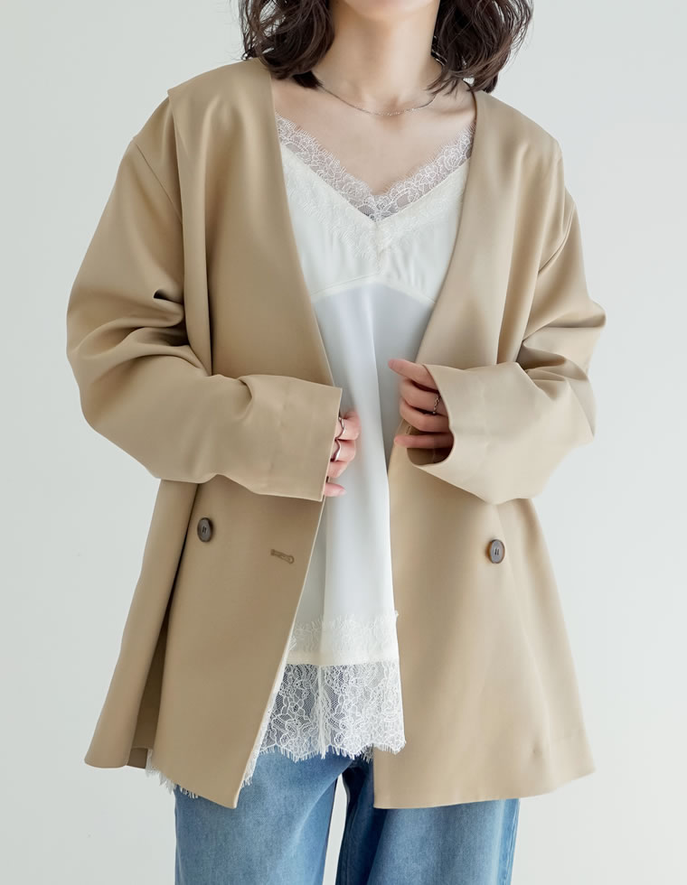 レザーベルト付ツイルノーカラージャケット
