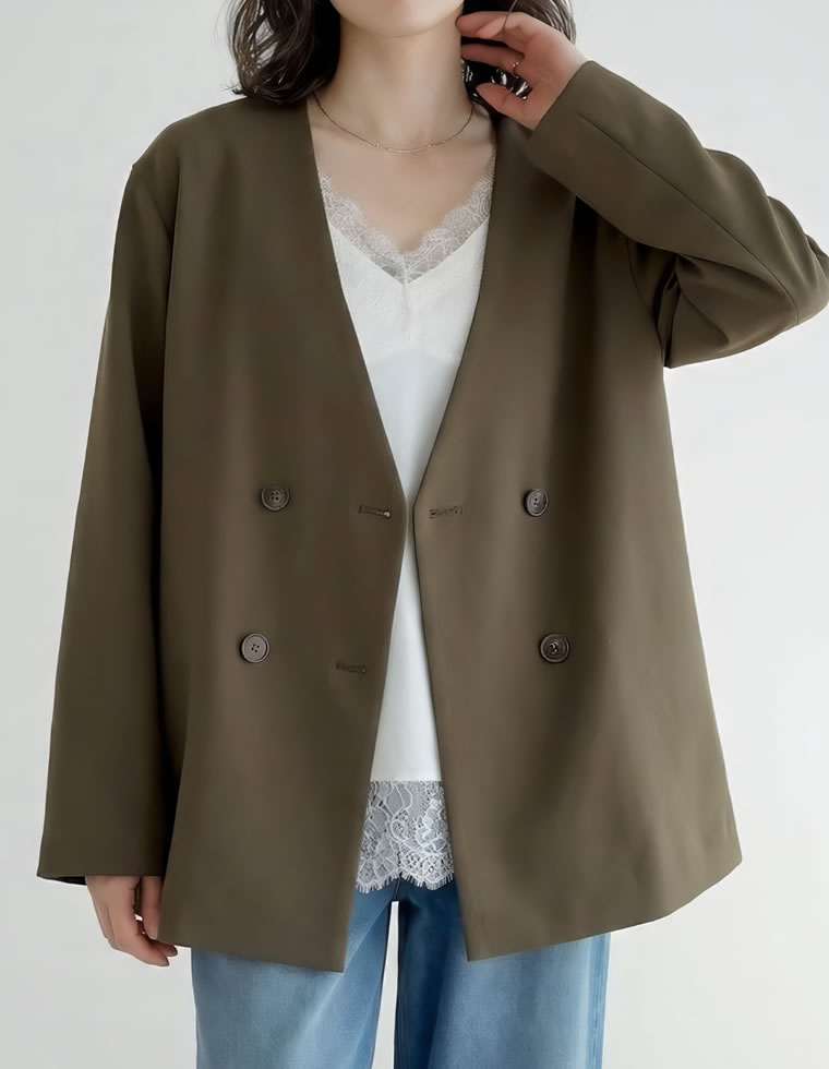 レザーベルト付ツイルノーカラージャケット