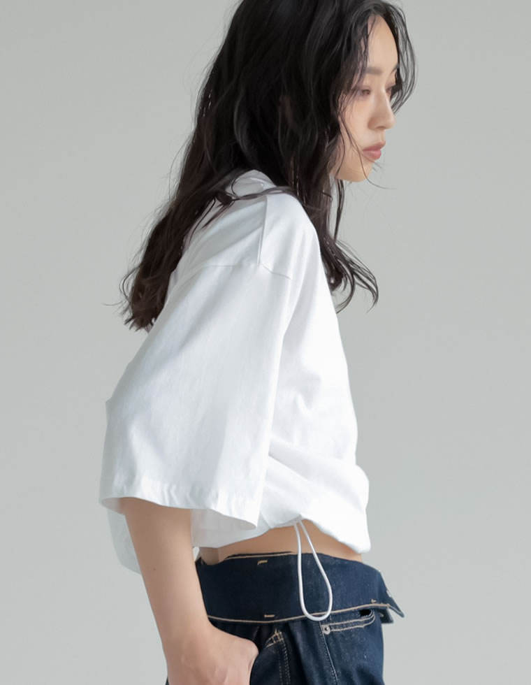 コットン裾ドロストクロップドTシャツ