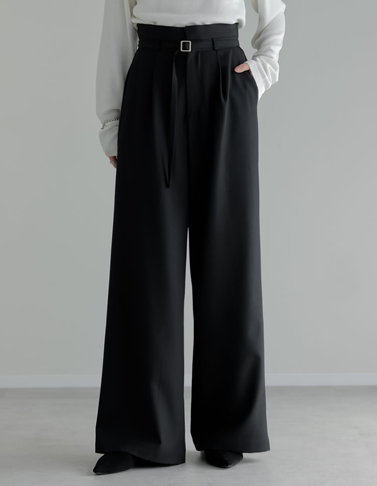 ツイル細ベルト付ハイウエストワイドパンツ