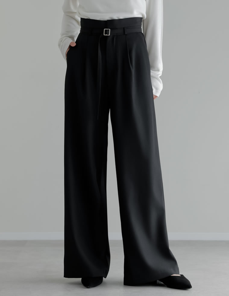 ツイル細ベルト付ハイウエストワイドパンツ