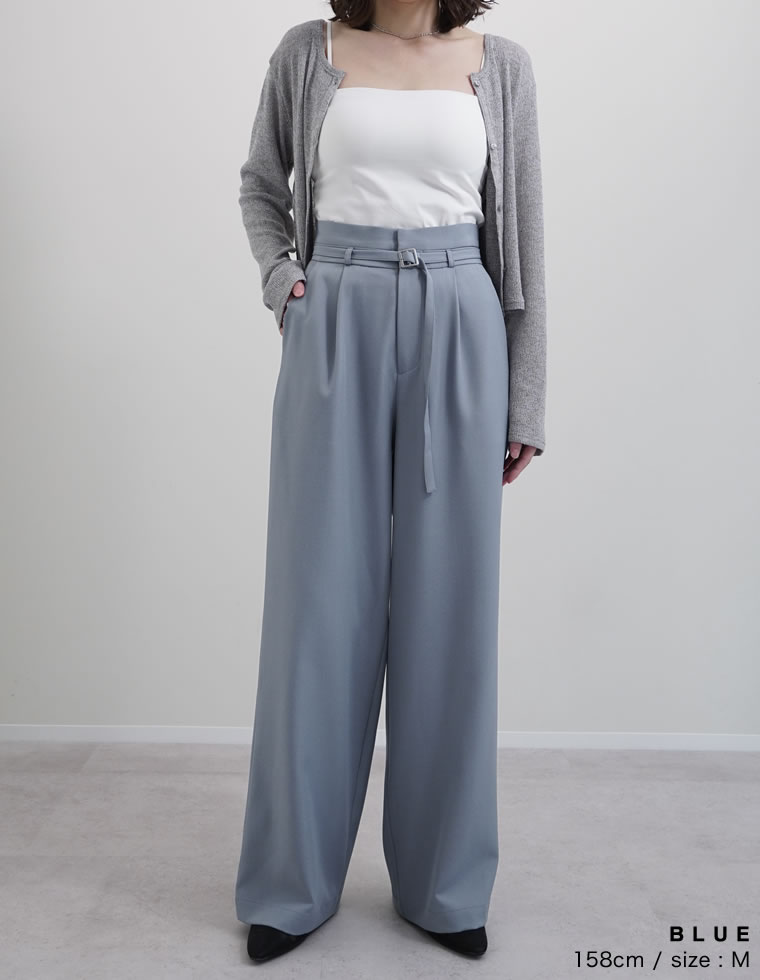 ツイル細ベルト付ハイウエストワイドパンツ