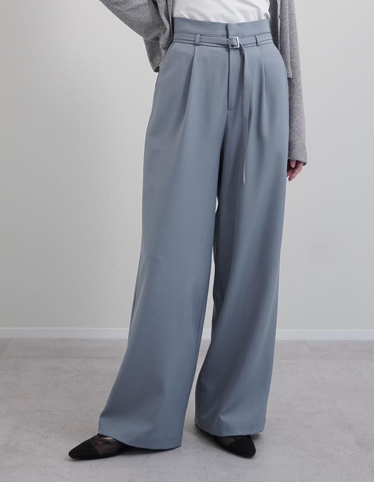 ツイル細ベルト付ハイウエストワイドパンツ
