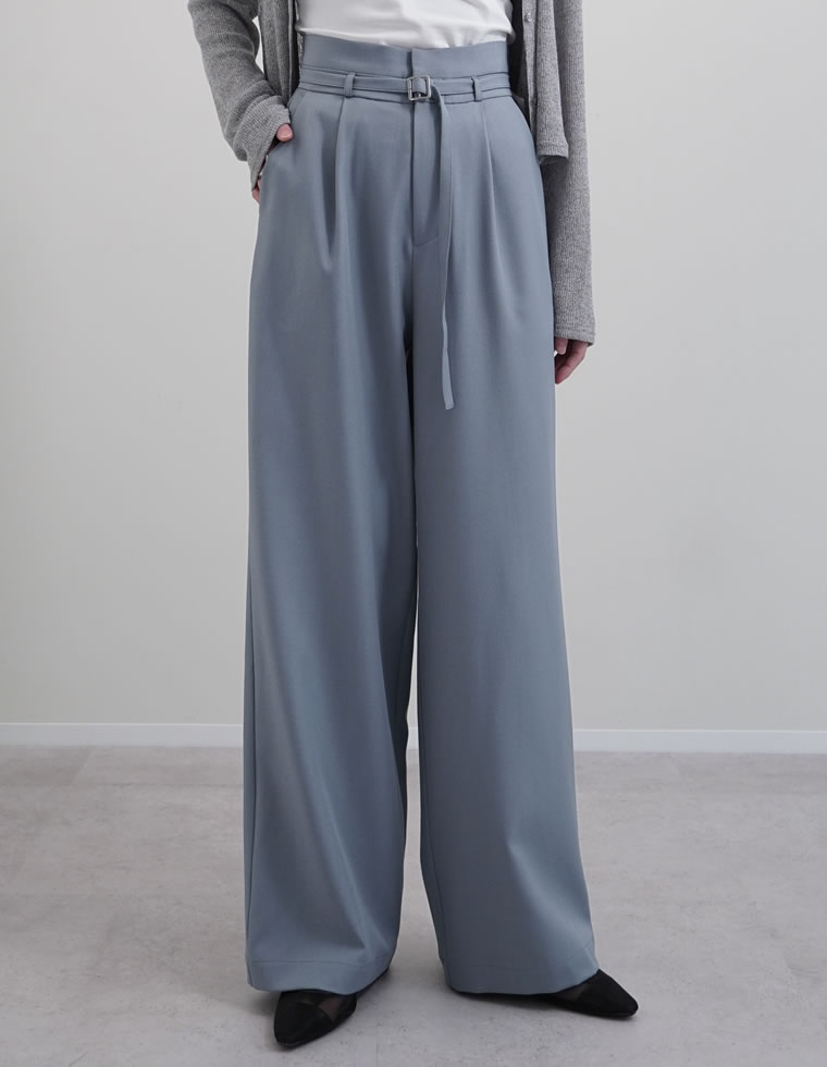ツイル細ベルト付ハイウエストワイドパンツ